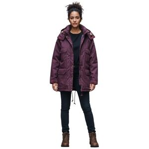 Woolrich Hooded Winter Coat Jacket Maroon Plaid Snap Button Pockets USA READ